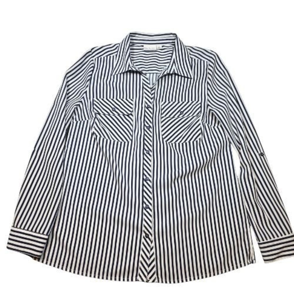 Kim Rogers Small Navy White Striped Button Down Roll Tab Sleeve Shirt Career